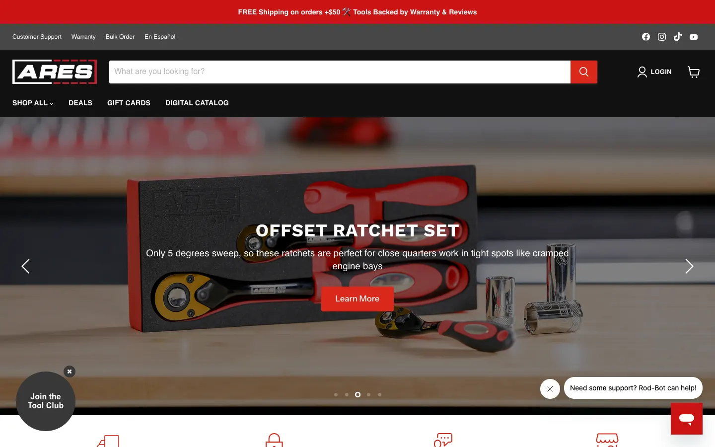 ARES Tool store homepage with a search bar and an offset ratchet set banner