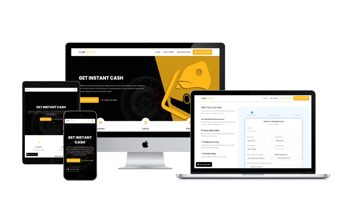 CarBoxe across devices: the "Get instant cash" homepage on a desktop, tablet, and phone, and the multi-step vehicle information form on a laptop