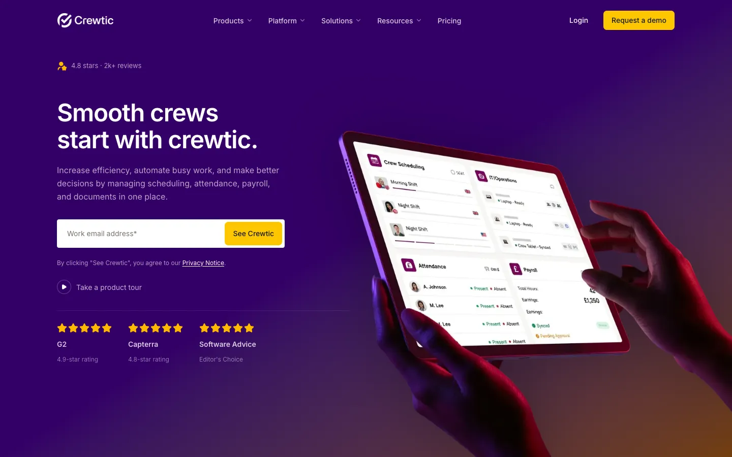 Crewtic homepage with a tablet showing scheduling, attendance, and payroll panels