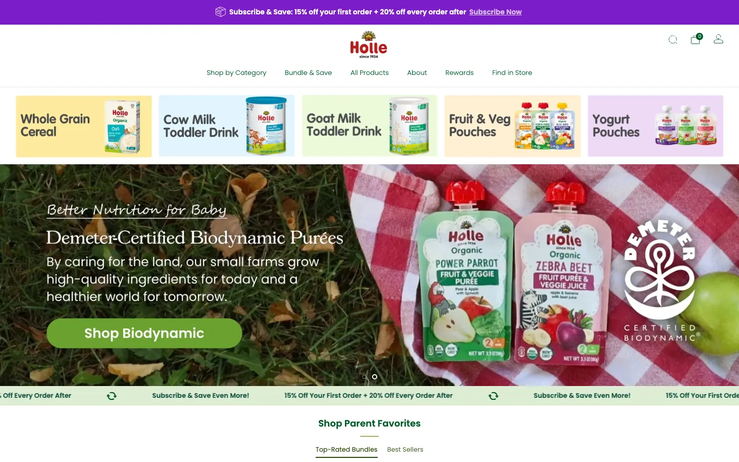 Holle USA store homepage with product categories and a Demeter-certified biodynamic purées banner