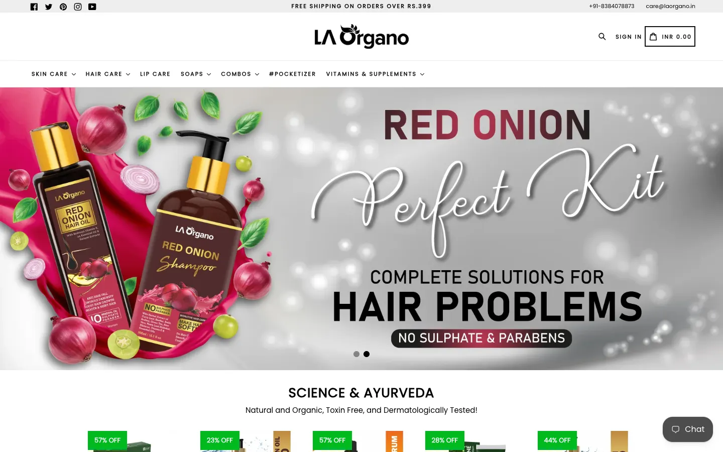 LA Organo store homepage with a red onion hair care kit banner