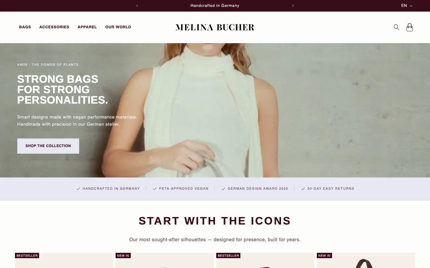 Melina Bucher store homepage: "Strong bags for strong personalities."