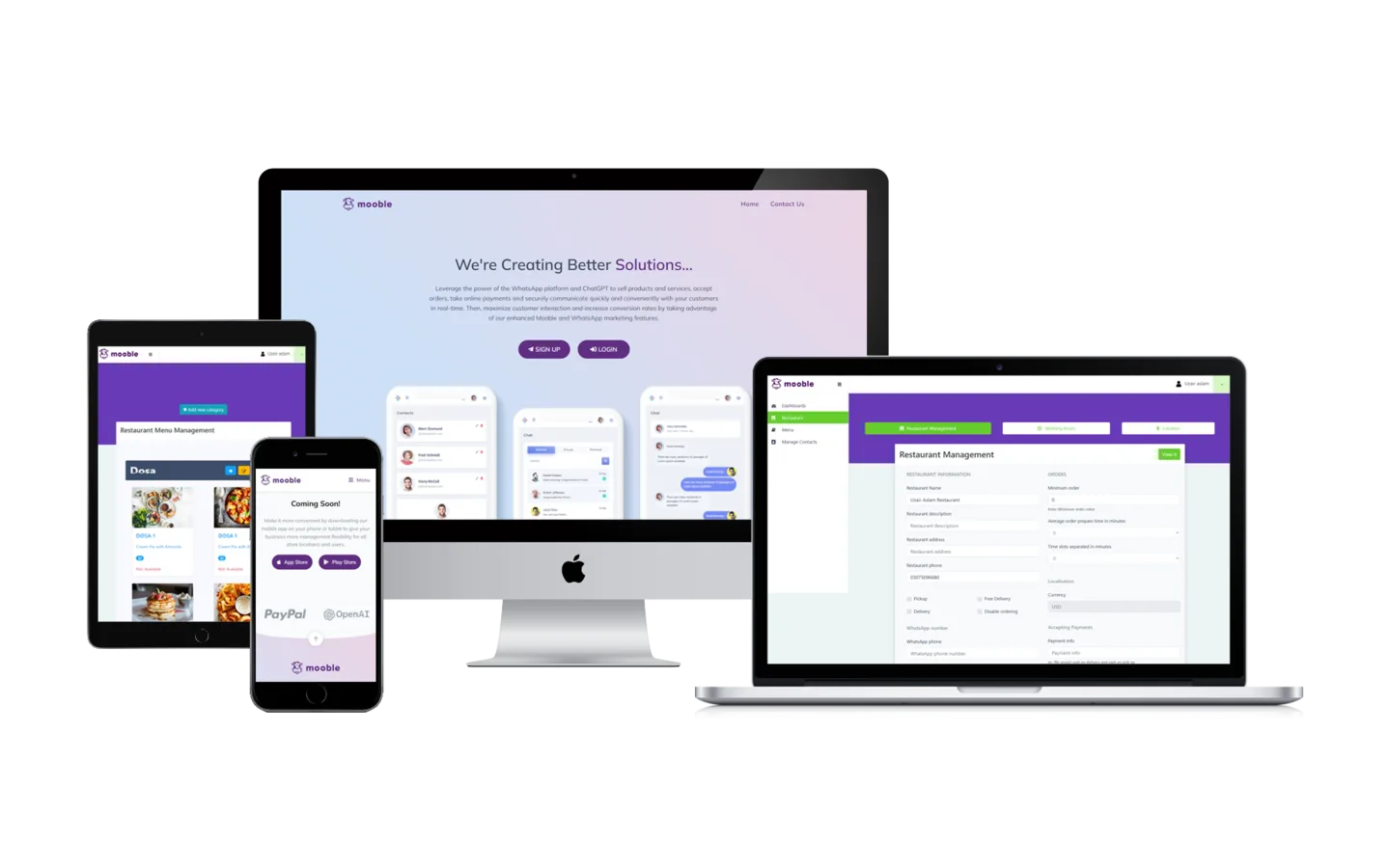 Mooble across devices: the landing page on a desktop, restaurant menu management on a tablet, the mobile app on a phone, and restaurant settings on a laptop