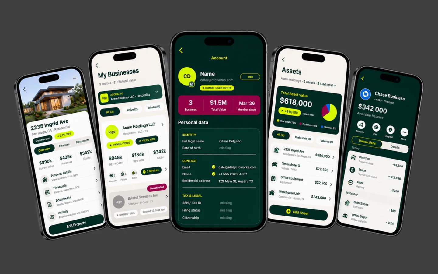 Five MyCpaDashboard app screens on phones: a property overview, a list of businesses, an account profile, an assets summary, and a business bank account