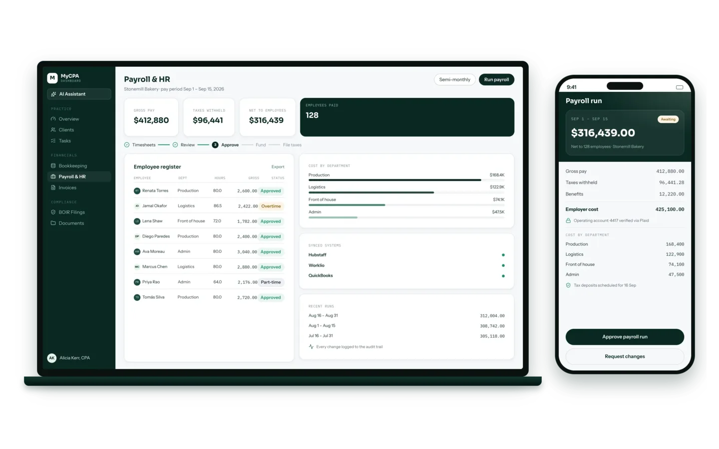 MyCpaDashboard payroll and HR screen on a laptop, with an employee register and cost by department, beside a phone showing a payroll run awaiting approval