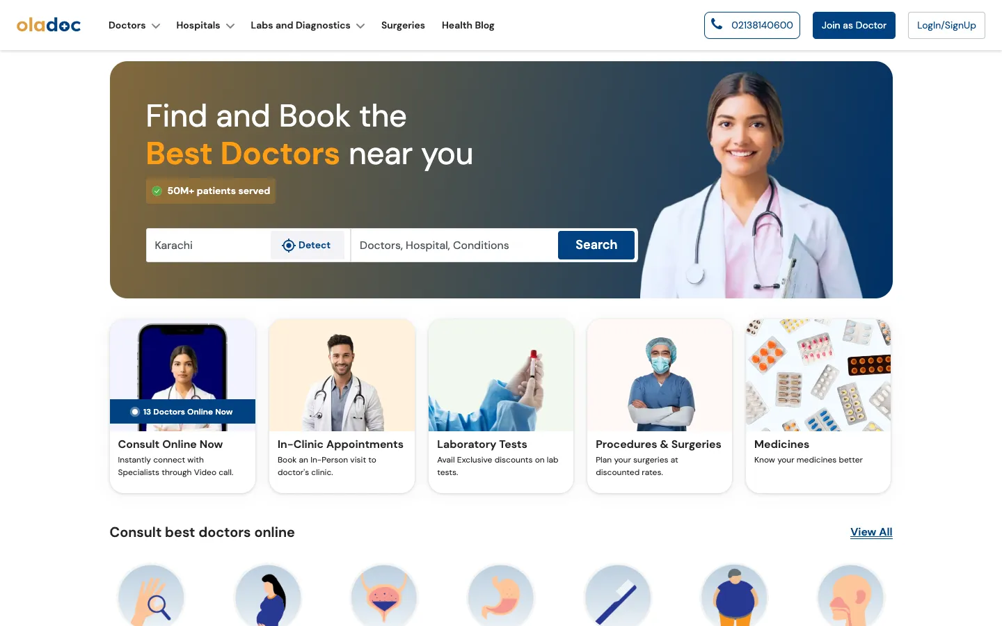 oladoc homepage: "Find and Book the Best Doctors near you" with a search bar