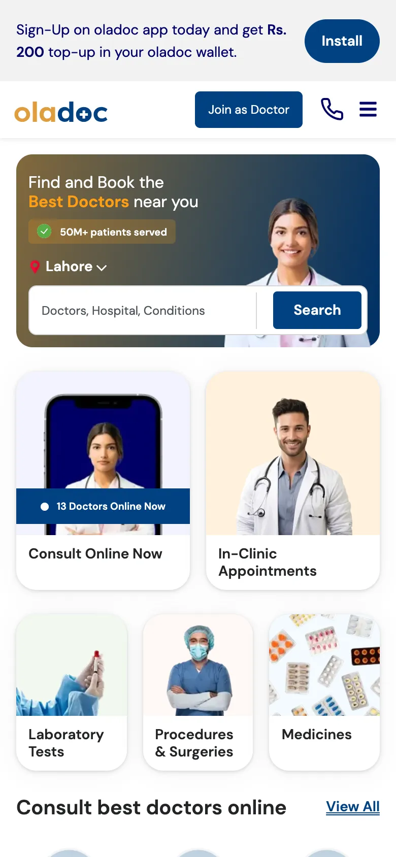 oladoc homepage on a phone