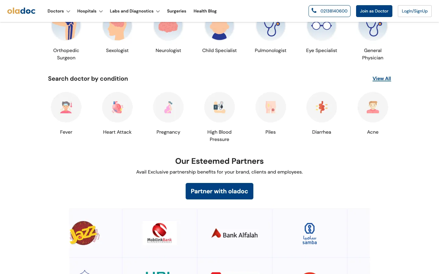 oladoc doctor search by specialty and condition, with icons for conditions such as fever, heart attack, and pregnancy