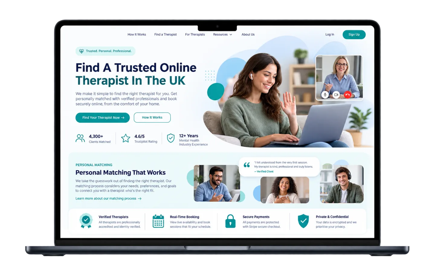 UK Therapy Guide homepage on a laptop: "Find a trusted online therapist in the UK", with personal matching and trust badges for verified therapists, real-time booking, and secure payments