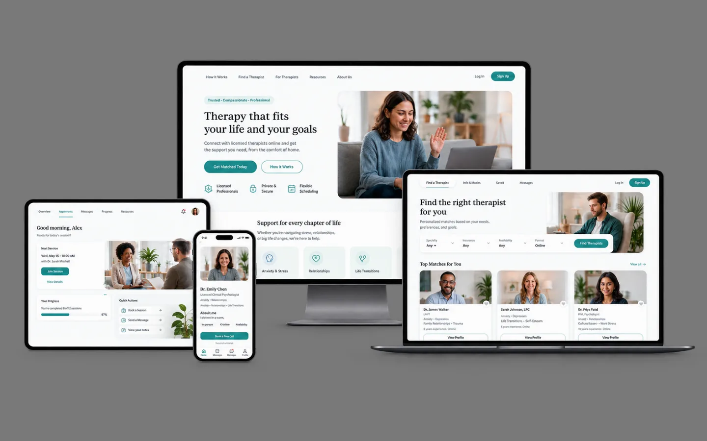 UK Therapy Guide across devices: a client dashboard on a tablet, a therapist profile on a phone, the homepage on a monitor, and therapist search results on a laptop
