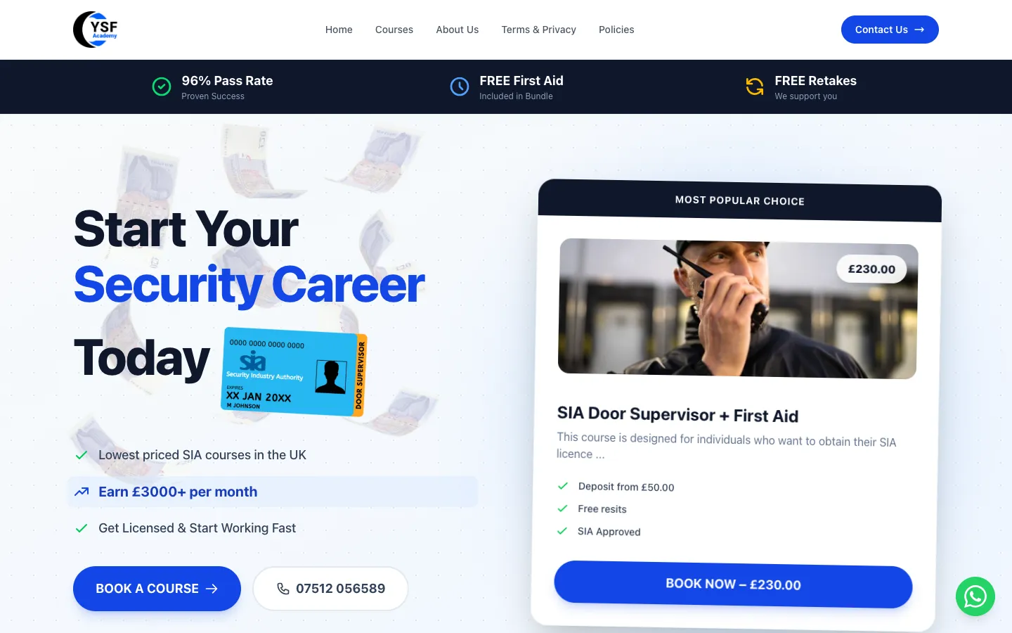 YSF Academy homepage: "Start Your Security Career Today" with a course card