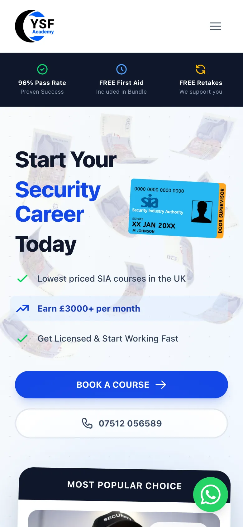 YSF Academy homepage on a phone