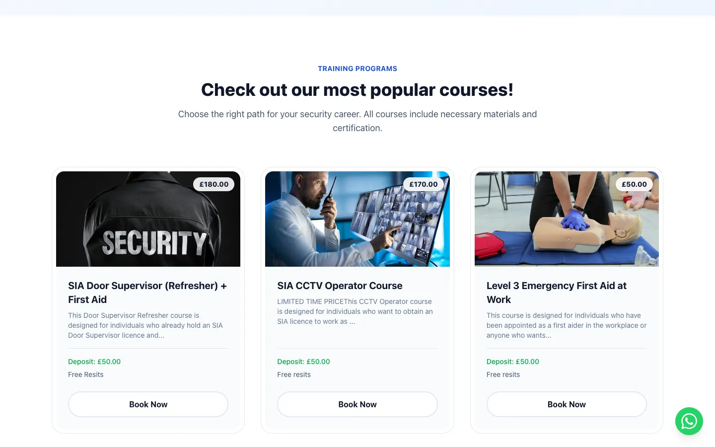 YSF Academy course listings: SIA Door Supervisor refresher, CCTV Operator, and Level 3 Emergency First Aid at Work, each with a Book Now button