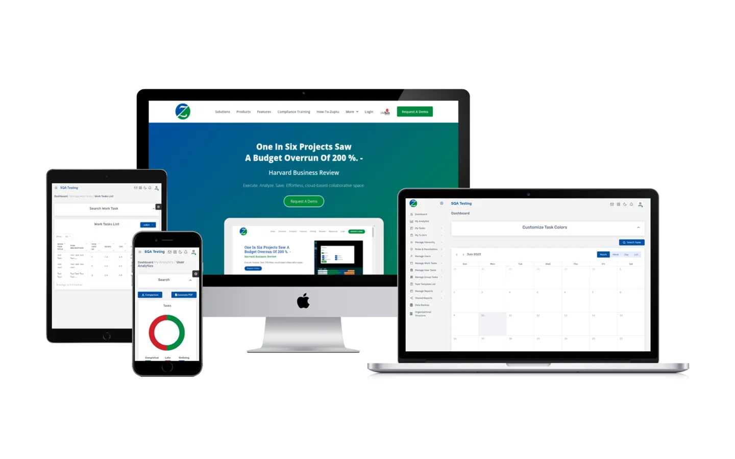 Zuptu Suite across devices: the marketing site on a desktop, a work task list on a tablet, task analytics on a phone, and a task calendar dashboard on a laptop